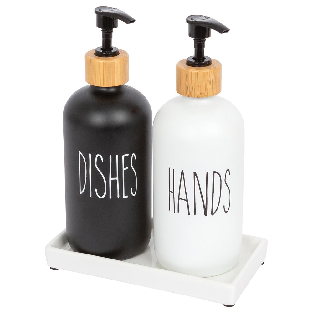 2pc Glass Hand & Dish Soap Dispenser Set with Ceramic Tray