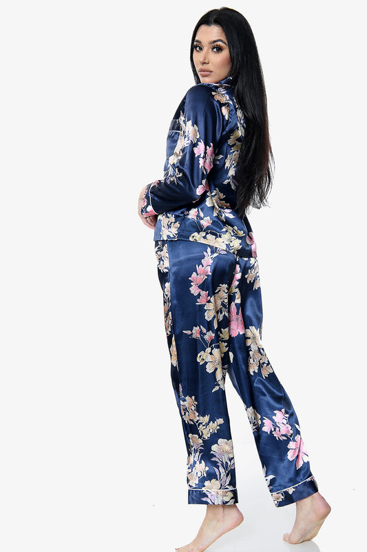 Floral Print Satin PJ Set - Blue