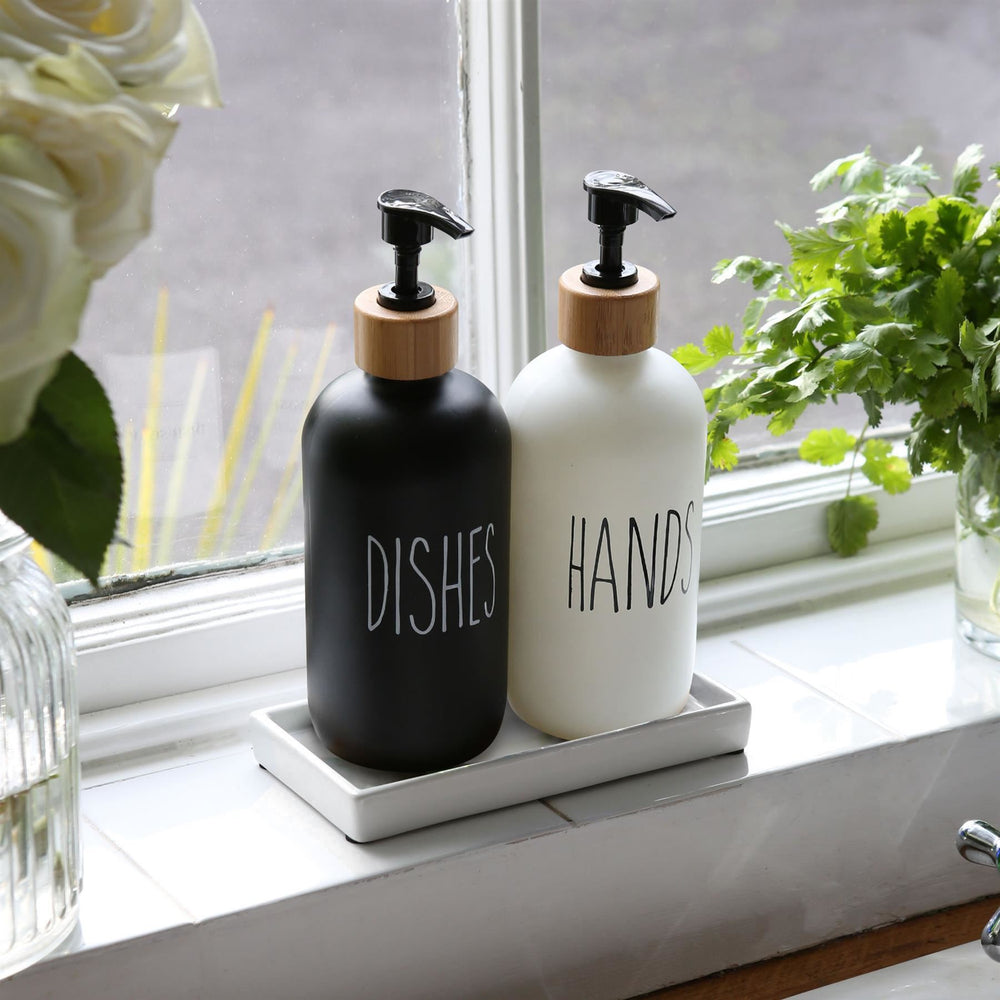 2pc Glass Hand & Dish Soap Dispenser Set with Ceramic Tray