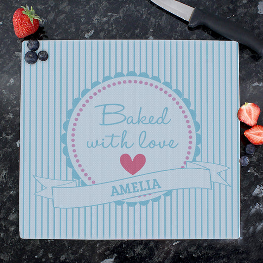 Personalised Baked With Love Glass Chopping Board