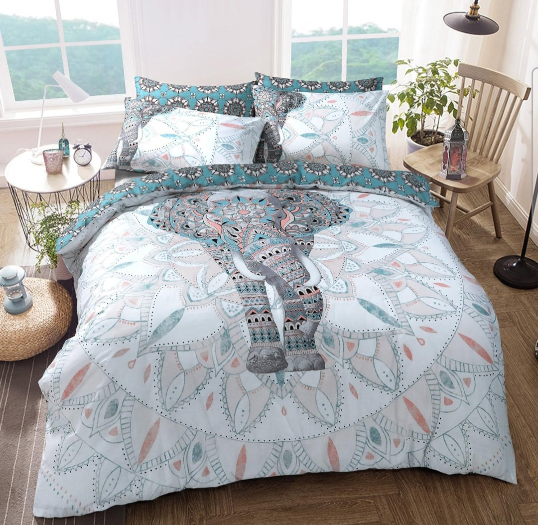 Elephant Mandala Reversable Quilt Duvet Cover Set, Teal