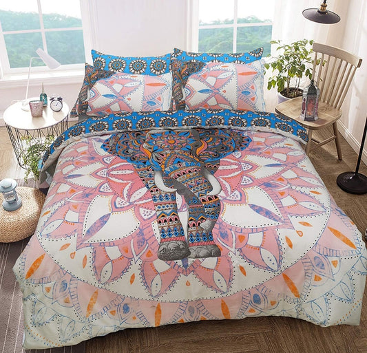 Elephant Mandala Reversable Quilt Duvet Cover Set, Pink & Blue