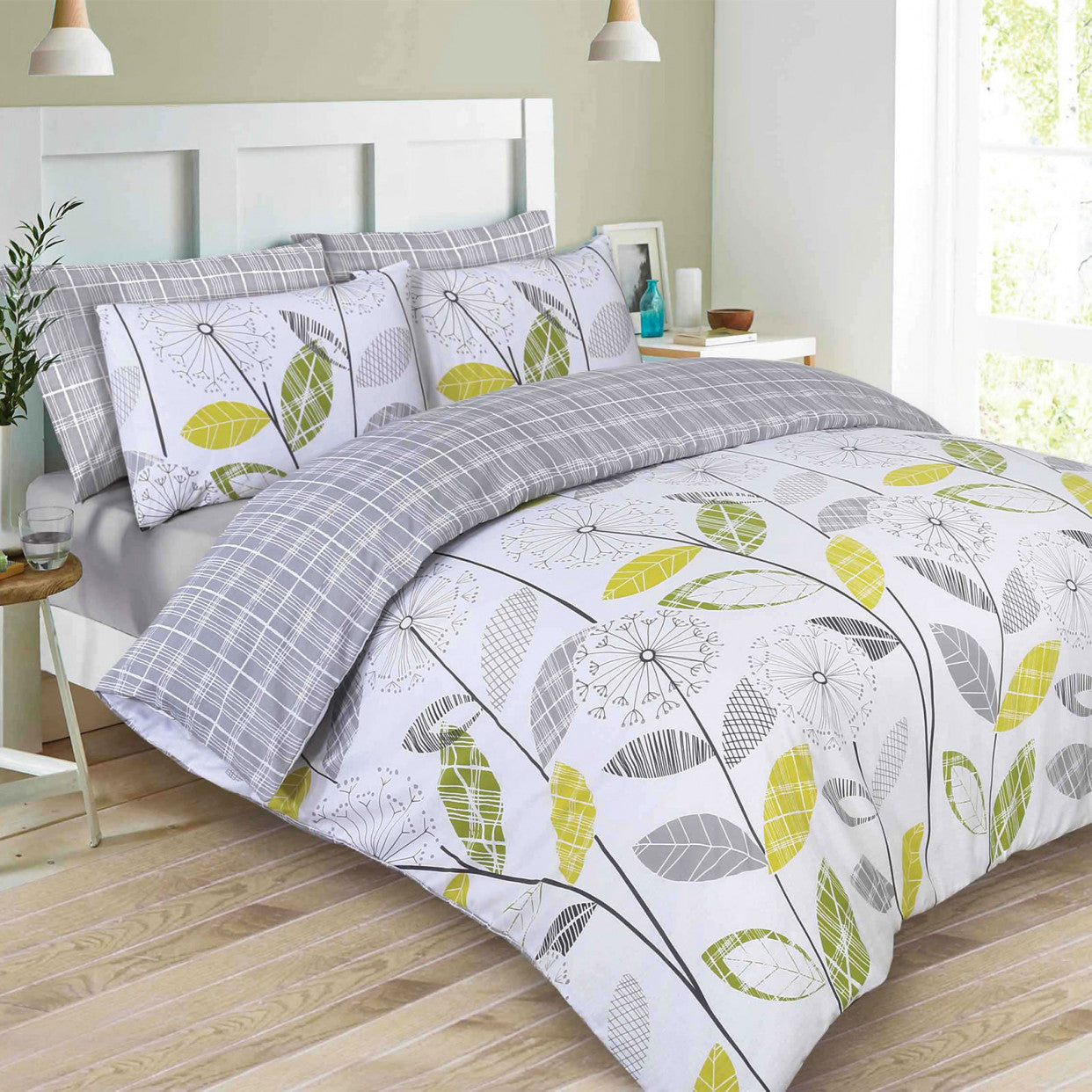 Floral Tartan Check Duvet Cover Set - Grey & White, Single