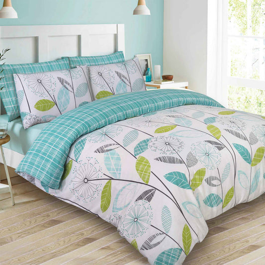 Floral Tartan Check Duvet Cover Set - Teal/Green, Single