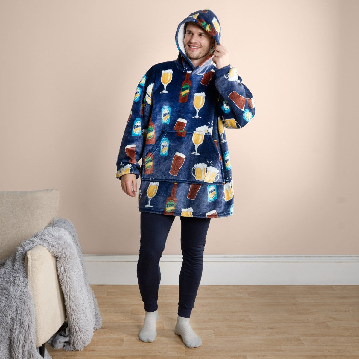 Adults Beer Pint Print Hoodie Blanket