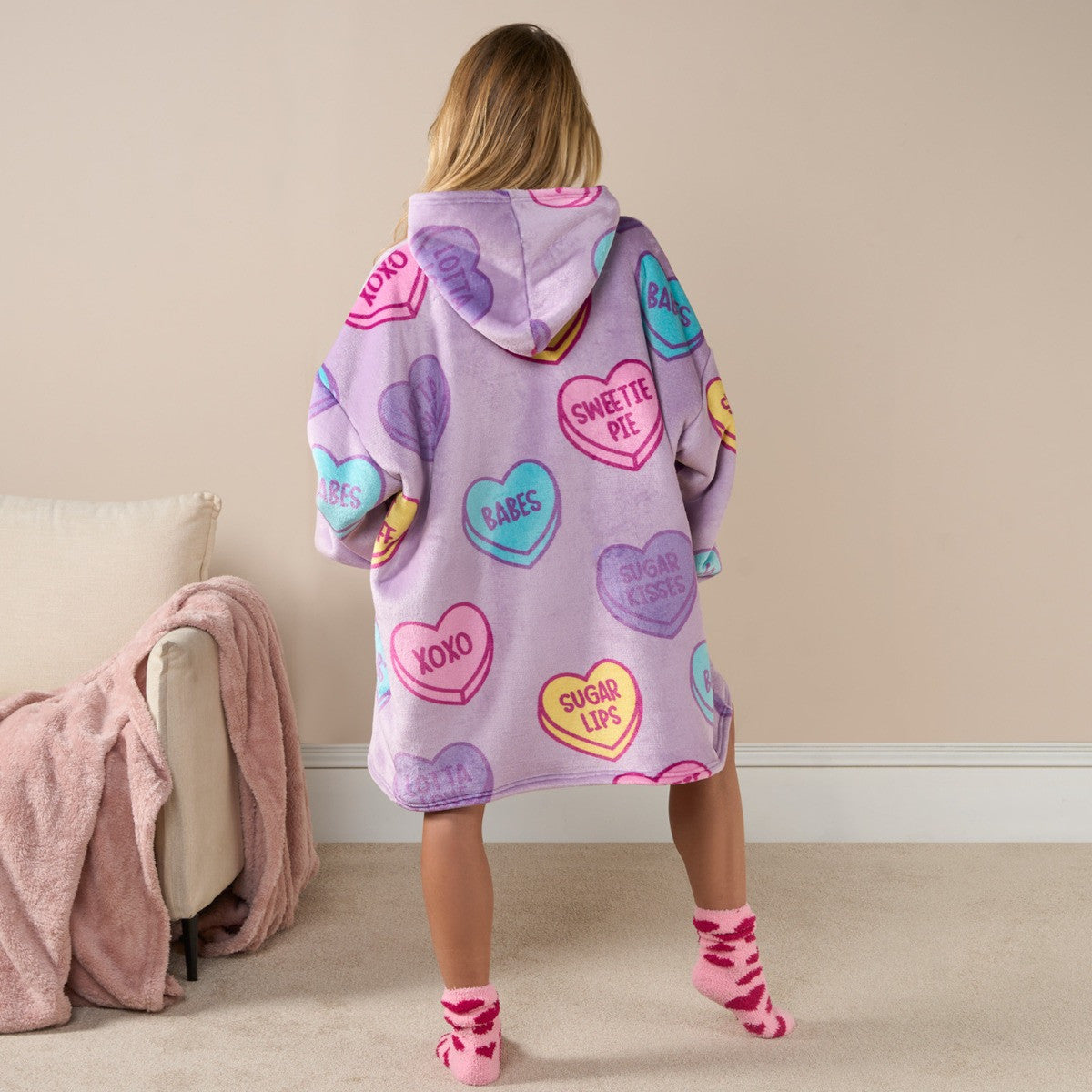 Adults Slogan Candy Hearts Hoodie Blanket