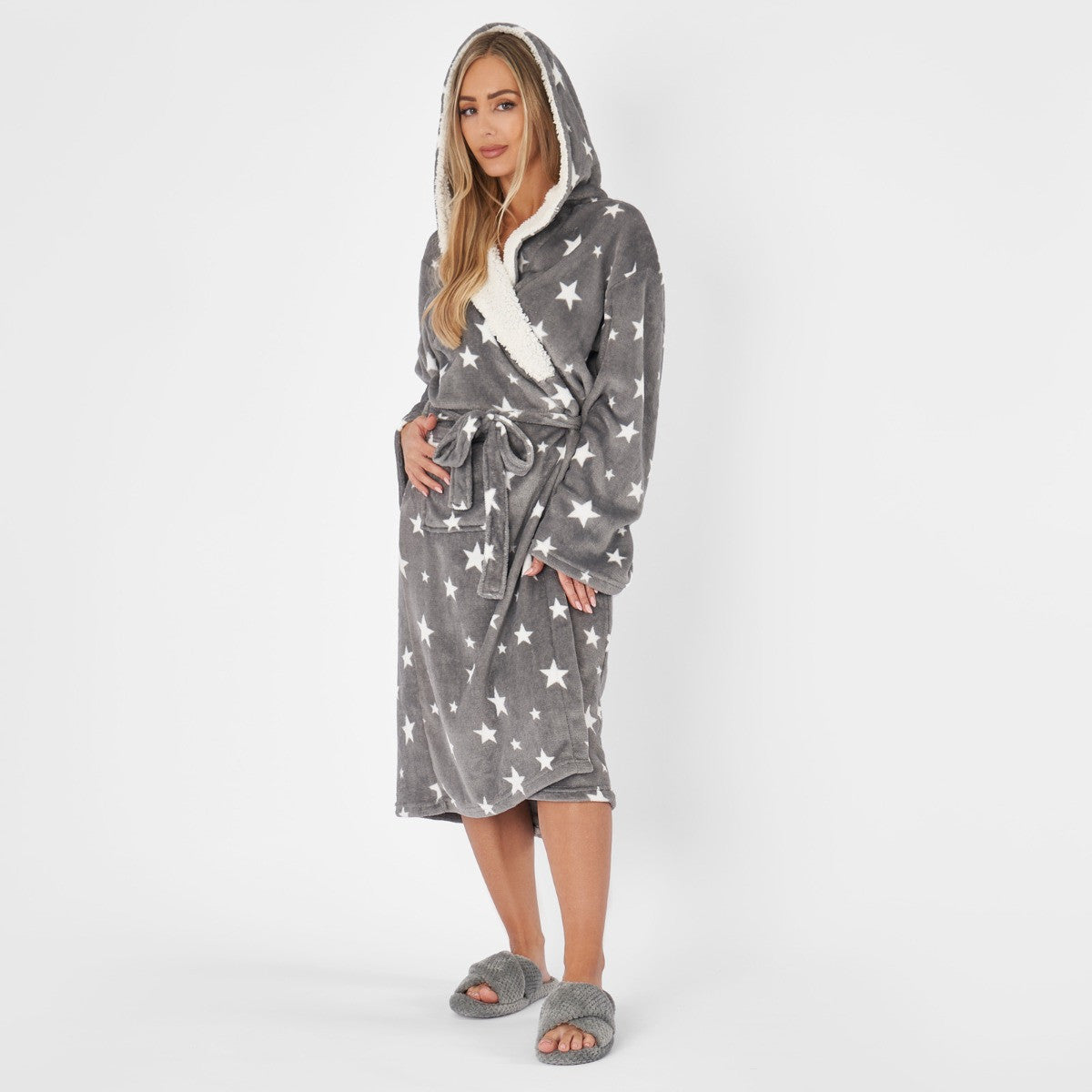 Star Print Hooded Sherpa Fleece Dressing Gown