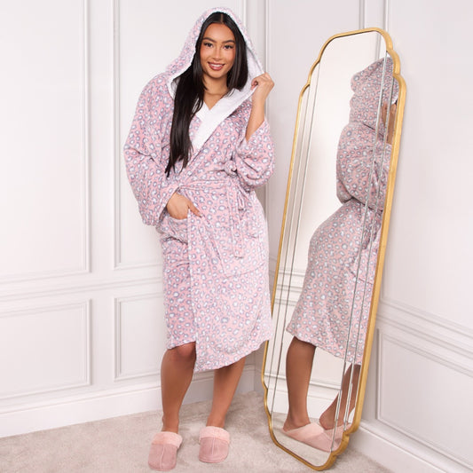 Leopard Print Fleece Dressing Gown - Blush