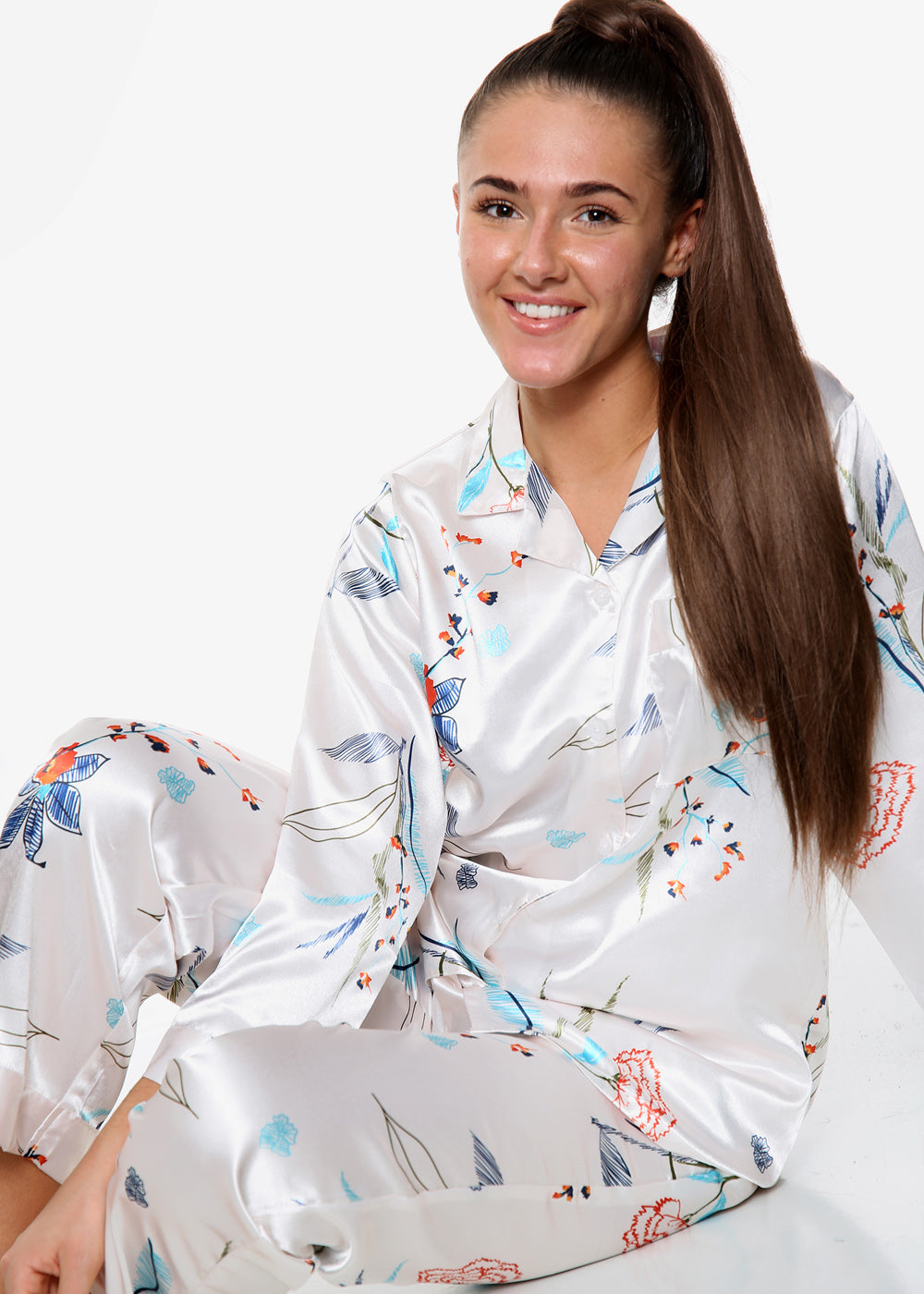 Floral Print Satin PJ Set - Ivory