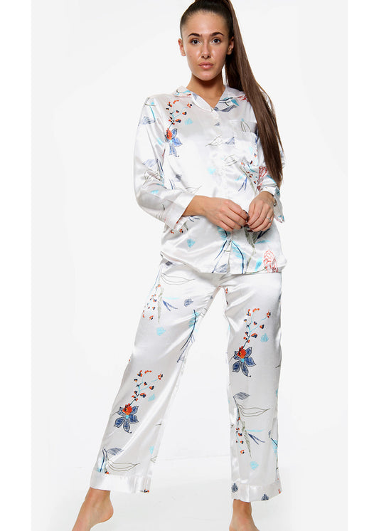 Floral Print Satin PJ Set - Ivory