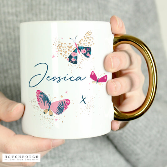 Personalised Butterfly Gold Handle Mug - Elegant Casa