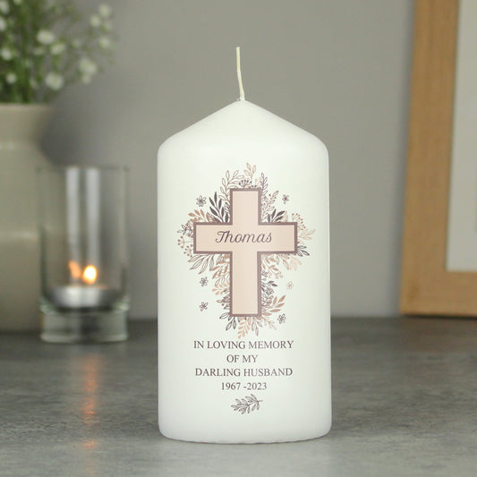 Personalised Floral Cross Pillar Candle - Elegant Casa