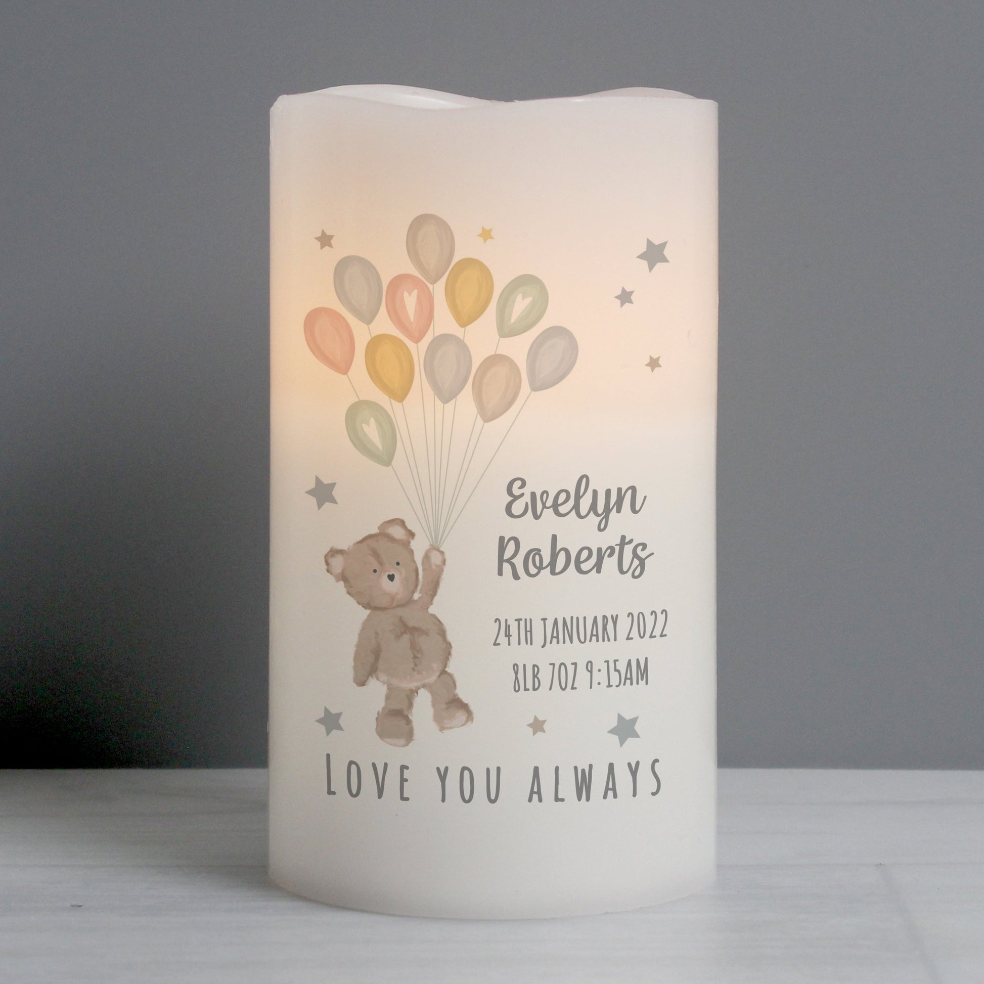 Personalised Teddy & Balloons Nightlight LED Candle - Elegant Casa