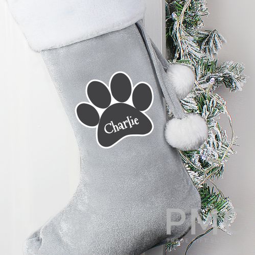 Personalised Paw Print Silver Grey Stocking