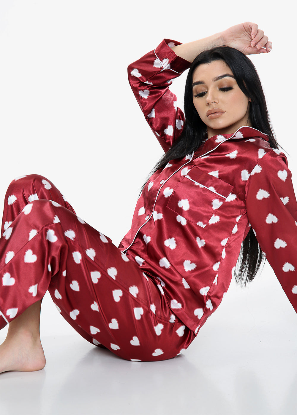 Heart Print Satin PJ Set - Wine