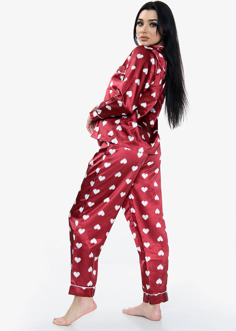 Heart Print Satin PJ Set - Wine